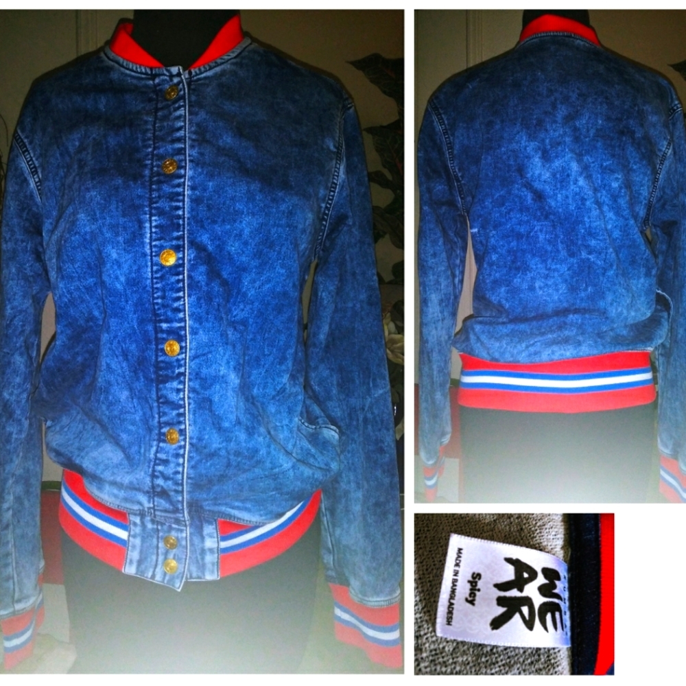 Zumba Spirit Denim Bomber Jacket size small spicy red white blue